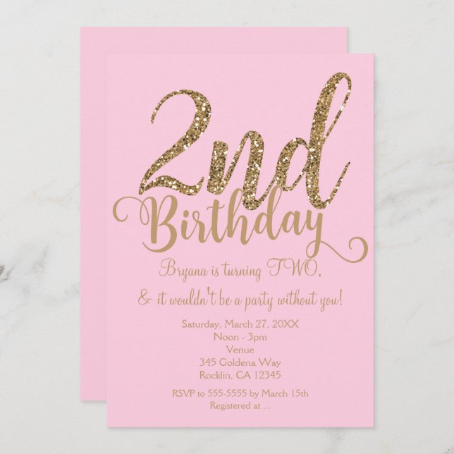 2nd BIRTHDAY 2 Pink & Gold Party TWO Invitations (Front/Back)