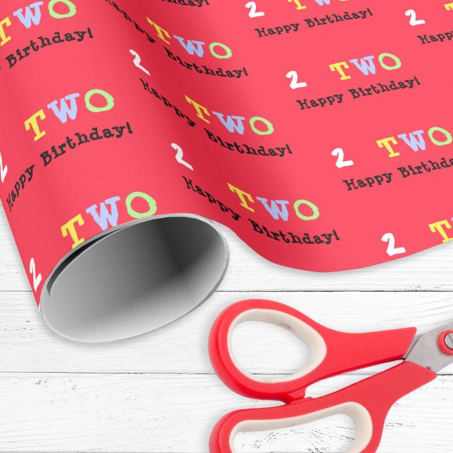 2nd Birthday Age 2 Bright Red Happy Colorful Gift Wrapping Paper (A roll of colorful gift wrap for a 2nd birthday)
