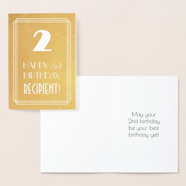 2nd Birthday ~ Art Deco Style "2" & Custom Name Foil Card (Display)