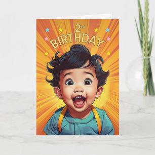 2nd Birthday Asian Baby Boy in Orange Comic Book Card