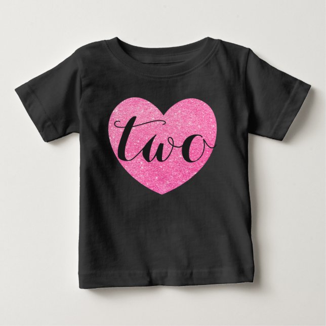 2nd Birthday Baby Girl Glitter heart-Print Black T-Shirt (Front)
