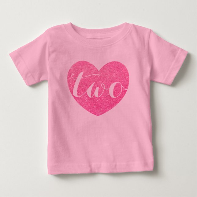 2nd Birthday Baby Girl Glitter heart-Print Pink Baby T-Shirt (Front)