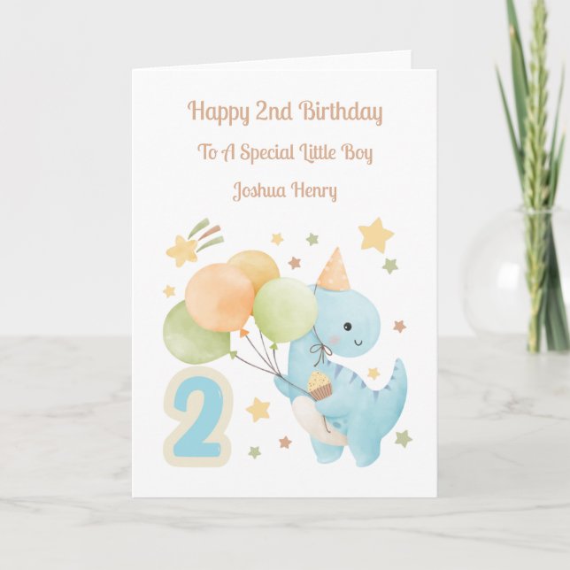 2nd Birthday Balloon Dinosaur Birthday Boy Card (Front)