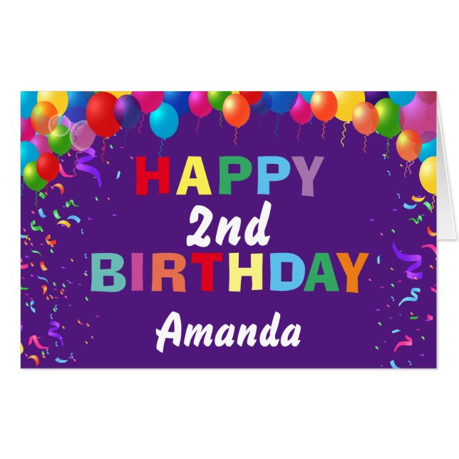 2nd Birthday Balloons Purple Extra Large Jumbo Card (Front Horizontal)