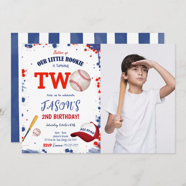 2ND Birthday Baseball Photo Invitation (Front/Back)