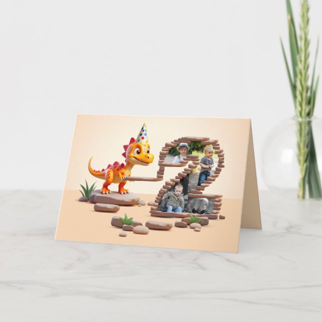 2nd Birthday Big Number Photo | Dino Little Dragon Card (Front)