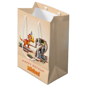 2nd Birthday Big Number Photo   Little Dino Dragon Medium Gift Bag