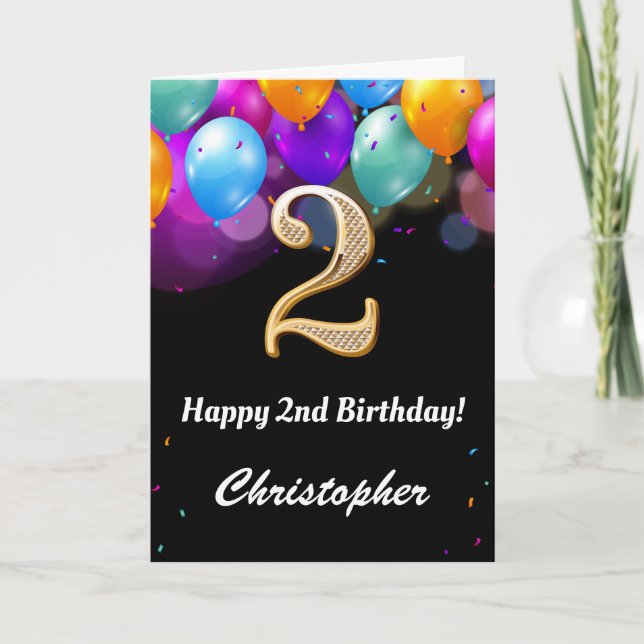 2nd Birthday Black and Gold Colorful Balloons Card (Front)