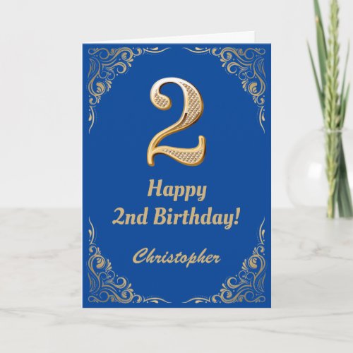 2nd Birthday Blue and Gold Glitter Frame Card
