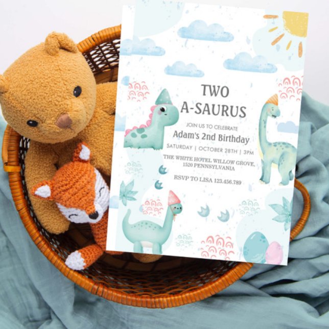  2nd Birthday Blue Watercolor Dinosaurs Party Invitation (Creator Uploaded)