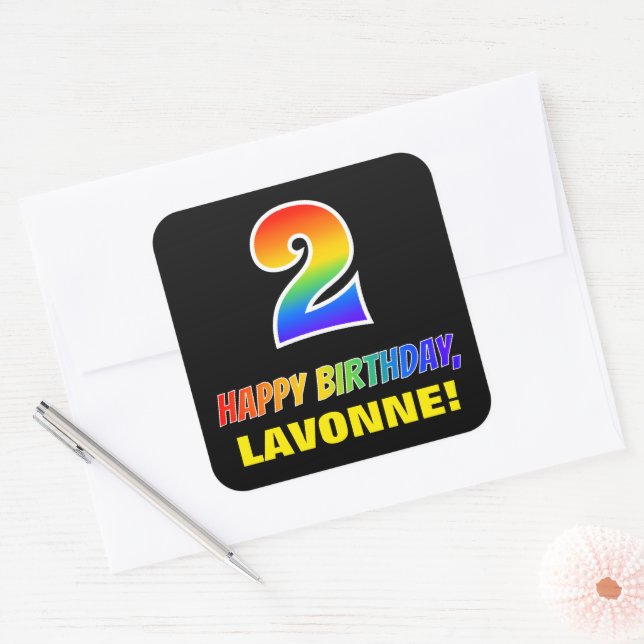 2nd Birthday: Bold, Fun, Simple, Rainbow 2 Square Sticker (Envelope)