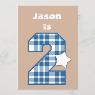 2nd Birthday Boy Custom Name BLUE Plaid B02 Invitation