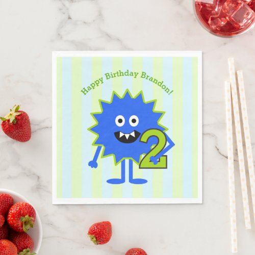 2nd Birthday Boy Monster Blue Green Stripes Cute Napkins