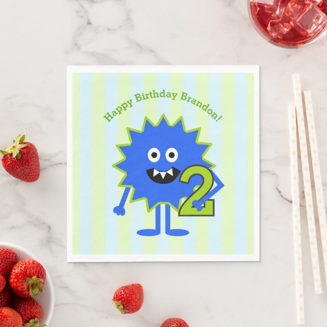 2nd Birthday Boy Monster Blue Green Stripes Cute Napkins (Insitu)