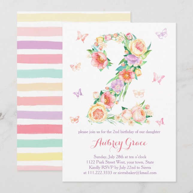 2nd Birthday Butterfly Garden Party invite cards (Front/Back)