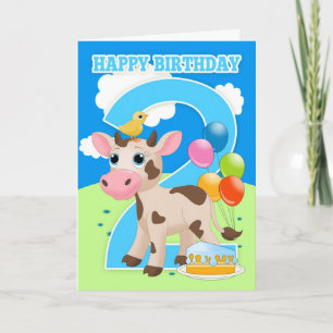 2nd Birthday Card With Little Cow Cake And Balloon