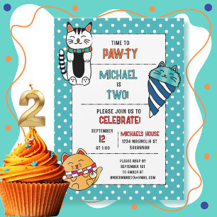 2nd Birthday Cat Cartoon Cute Kitten Kids Party Invitation