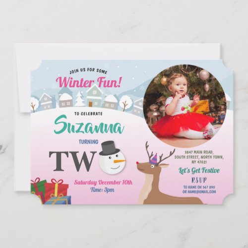 2nd Birthday Christmas Party Snowman Girls Pink Invitation