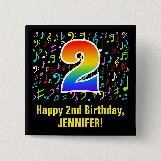 2nd Birthday: Colorful Music Symbols, Rainbow 2 Button (Front)