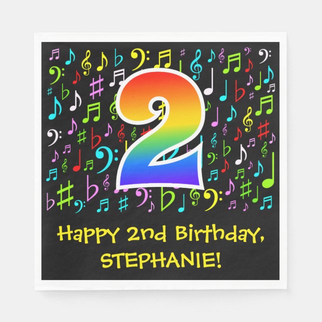 2nd Birthday - Colorful Music Symbols, Rainbow 2 Napkins (Front)