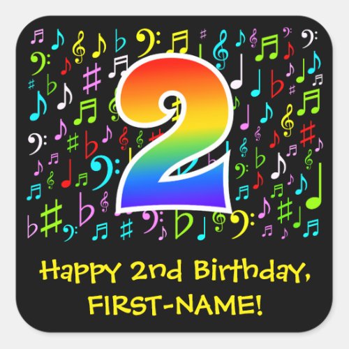 2nd Birthday Colorful Music Symbols Rainbow 2 Square Sticker