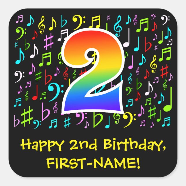 2nd Birthday: Colorful Music Symbols, Rainbow 2 Square Sticker (Front)