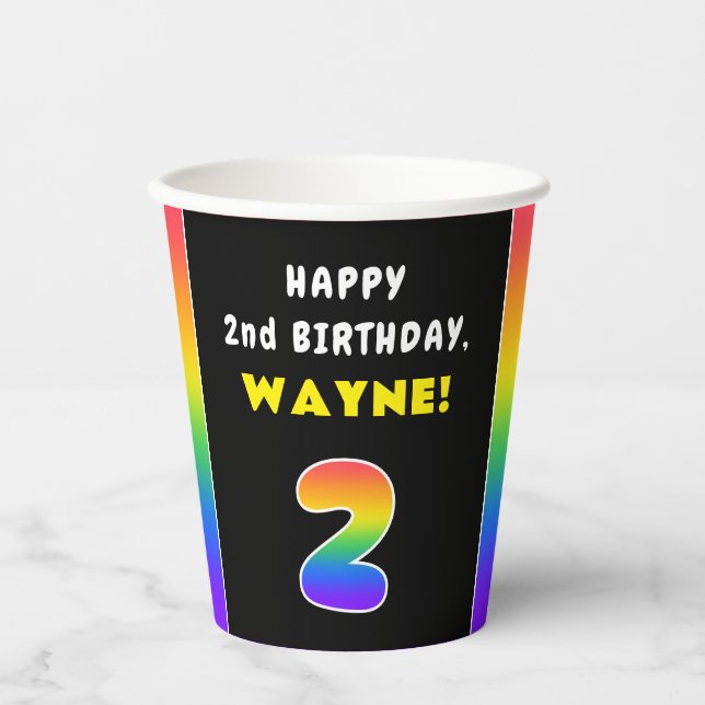 2nd Birthday: Colorful Rainbow # 2, Custom Name Paper Cups (Front)