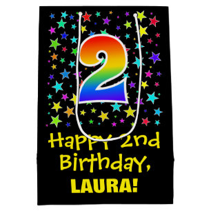 2nd Birthday: Colorful Stars Pattern & Rainbow 2 Medium Gift Bag
