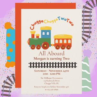 2nd Birthday Colorful Train Chugga Choo Two Invitation