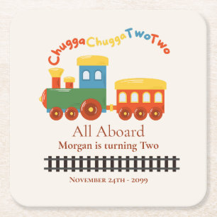 2nd Birthday Colorful Train Chugga Choo Two Square Paper Coaster