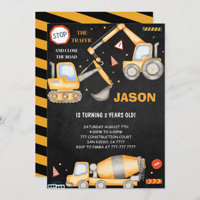 2nd Birthday Construction Boy Invitation (Front/Back)