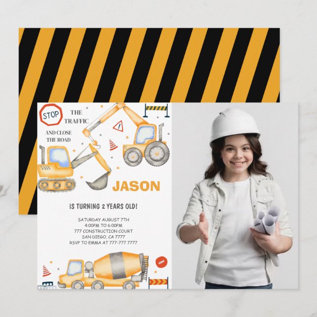 2nd Birthday Construction Boy Photo Invitation (Front/Back)