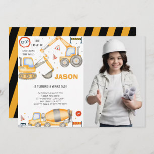 2nd Birthday Construction Boy Photo Invitation
