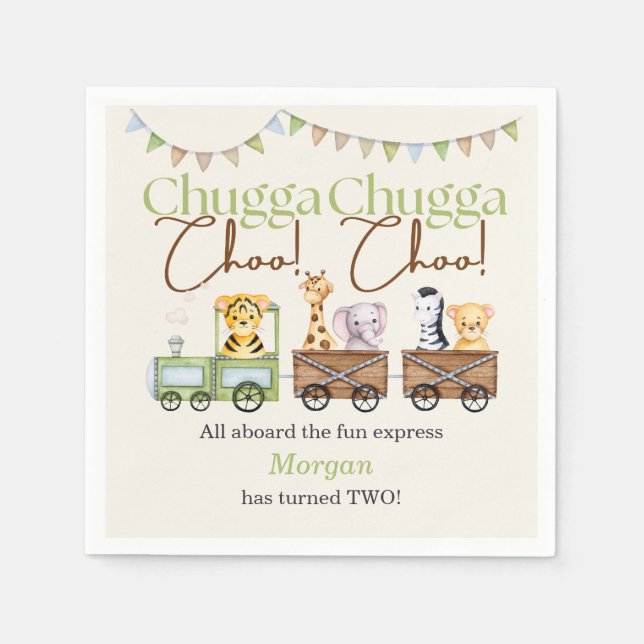 2nd Birthday Cute Chugga Watercolor Animal Train   Napkins (Front)