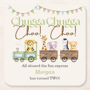 2nd Birthday Cute Chugga Watercolor Animal Train Square Paper Coaster