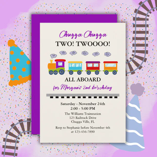 Two Train Invitation 2nd Birthday Cute Colorful Train Invitation | Zazzle
