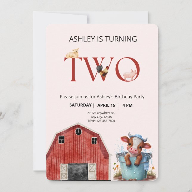 2nd Birthday Cute Cow Farm Barn Party Invitation (Front)