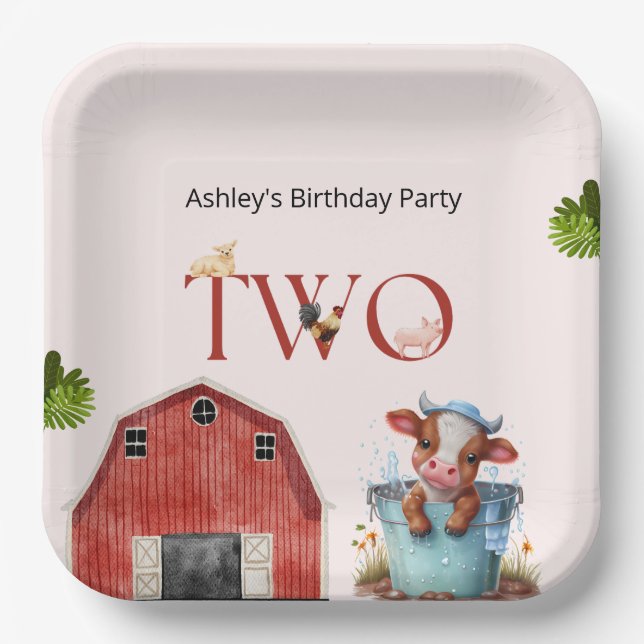 2nd Birthday Cute Cow Farm Barn Party  Paper Plates (Front)