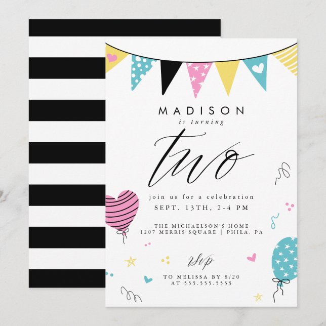 2ND BIRTHDAY | Cute Doodle Birthday Party Invitation (Front/Back)