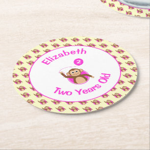 2nd birthday cute monkey pink balloon add name round paper coaster