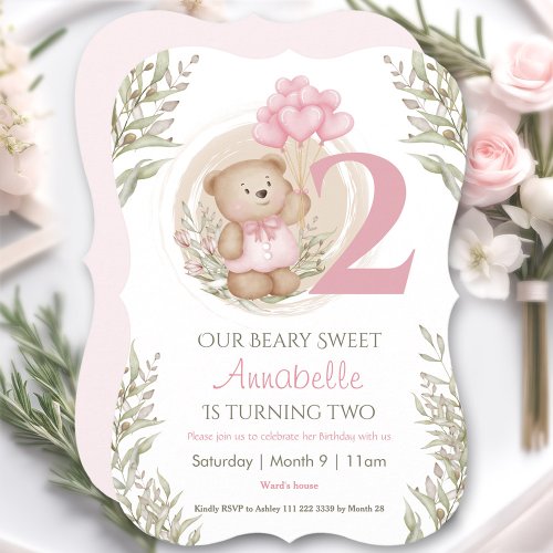 2nd Birthday Cute Teddy Bear Heart Balloons Pink Invitation