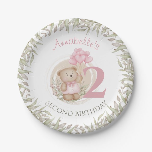 2nd Birthday Cute Teddy Bear Heart Balloons Pink  Paper Plates (Front)