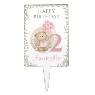 2nd Birthday Cute Teddy Bear Pink Cake Topper