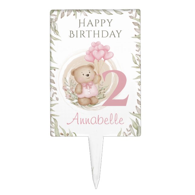 2nd Birthday Cute Teddy Bear Pink Cake Topper (Front)