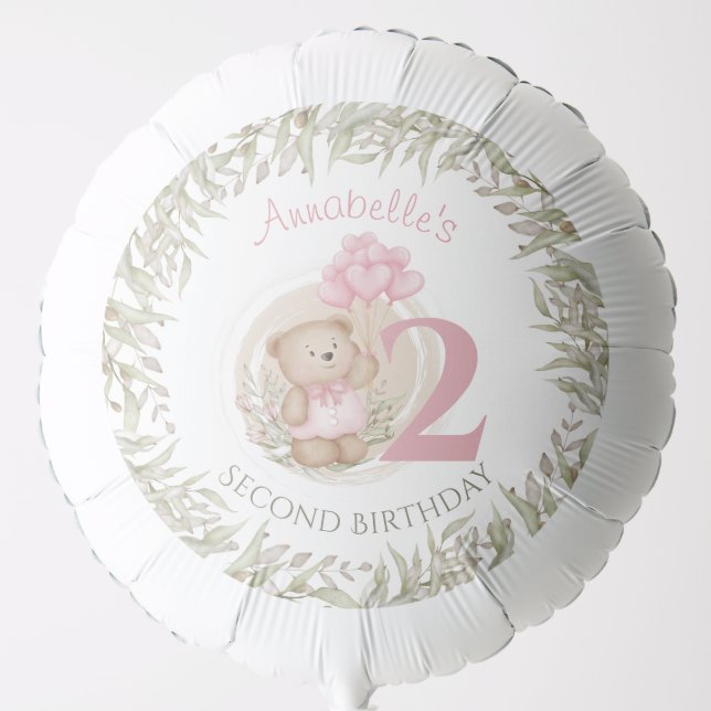 2nd Birthday Cute Teddy Bear Pink Green Balloon (Front)