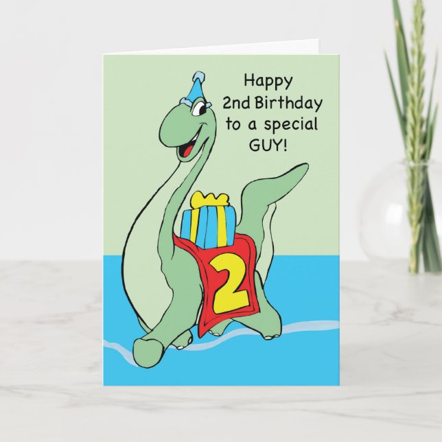2nd Birthday Dinosaur Boy, with Present and Hat Card (Front)