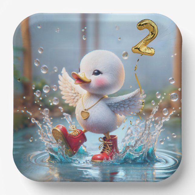 2nd Birthday Duck Dancing In a Rain Puddle Paper Plates (Front)