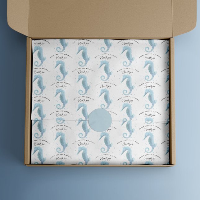 2nd Birthday Dusty Blue Seahorse Customized Tissue Paper (Dusty Blue Seahorse Birthday Tissue Wrap)