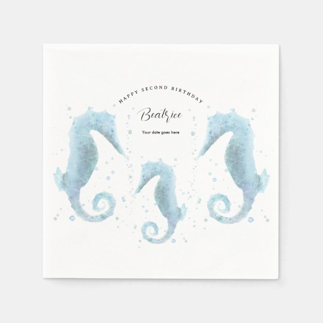 2nd Birthday Dusty Blue Seahorse  Napkins (Front)