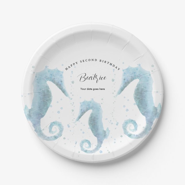 2nd Birthday Dusty Blue Seahorse  Paper Plates (Front)